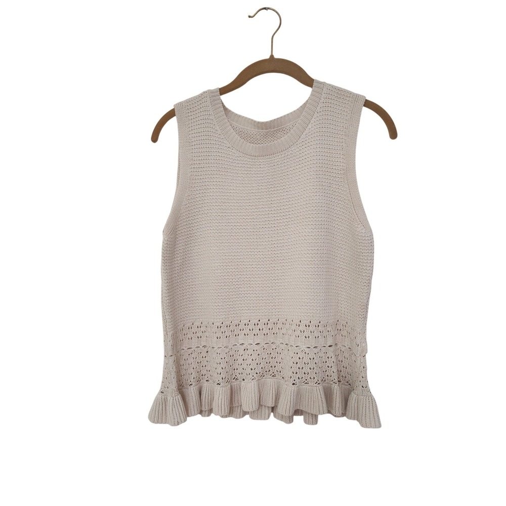 CiCiBird Cream Beige‎ Knit Ruffle Hem Sweater Vest Sleeveless Pointelle Top M